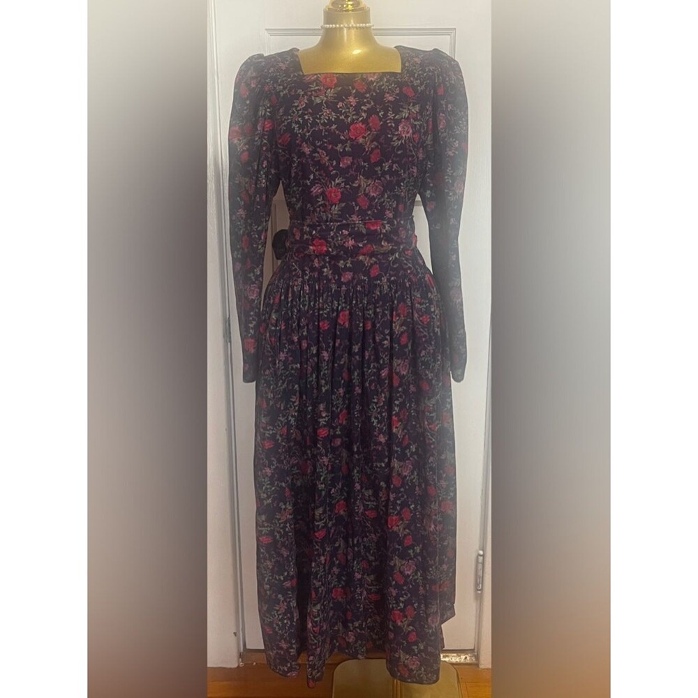 Vintage 80s Laura Ashley Corduroy Dress Floral Rose Square Neck Victorian Maxi